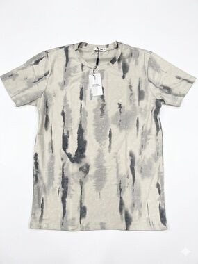 Jeegal Tie Dye Bleach Wash Vertical Stripe Tee Shirt Grey Beige Sz S NWT